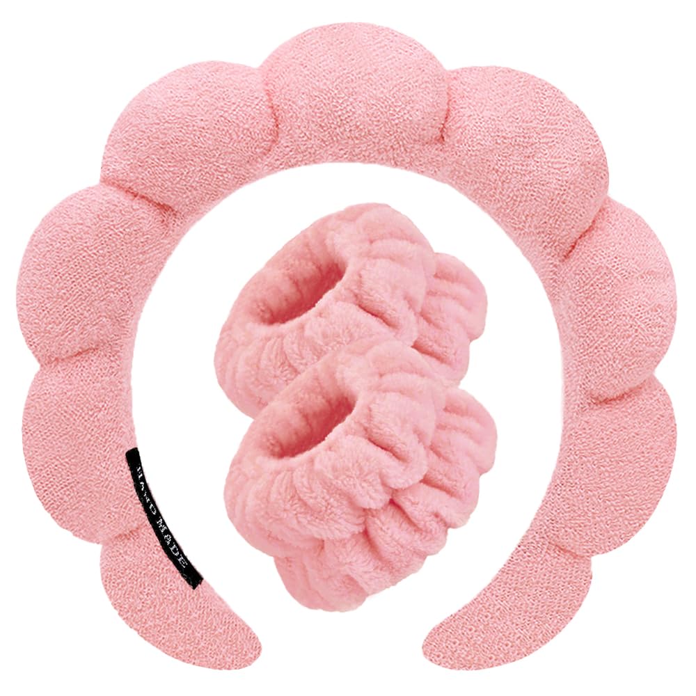 Spa Headbands for Washing Face Wristband Set Sponge Makeup Skincare Headband Wrist Towels Bubble Soft Terry Towel Cloth Hairband for Women Puffy Headwear Non Slip Thick Thin Hair Headwear (Peach pink)
