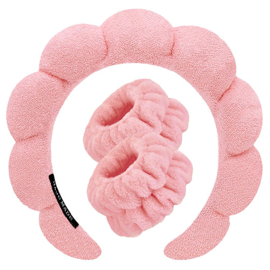 Spa Headbands for Washing Face Wristband Set Sponge Makeup Skincare Headband Wrist Towels Bubble Soft Terry Towel Cloth Hairband for Women Puffy Headwear Non Slip Thick Thin Hair Headwear (Peach pink)