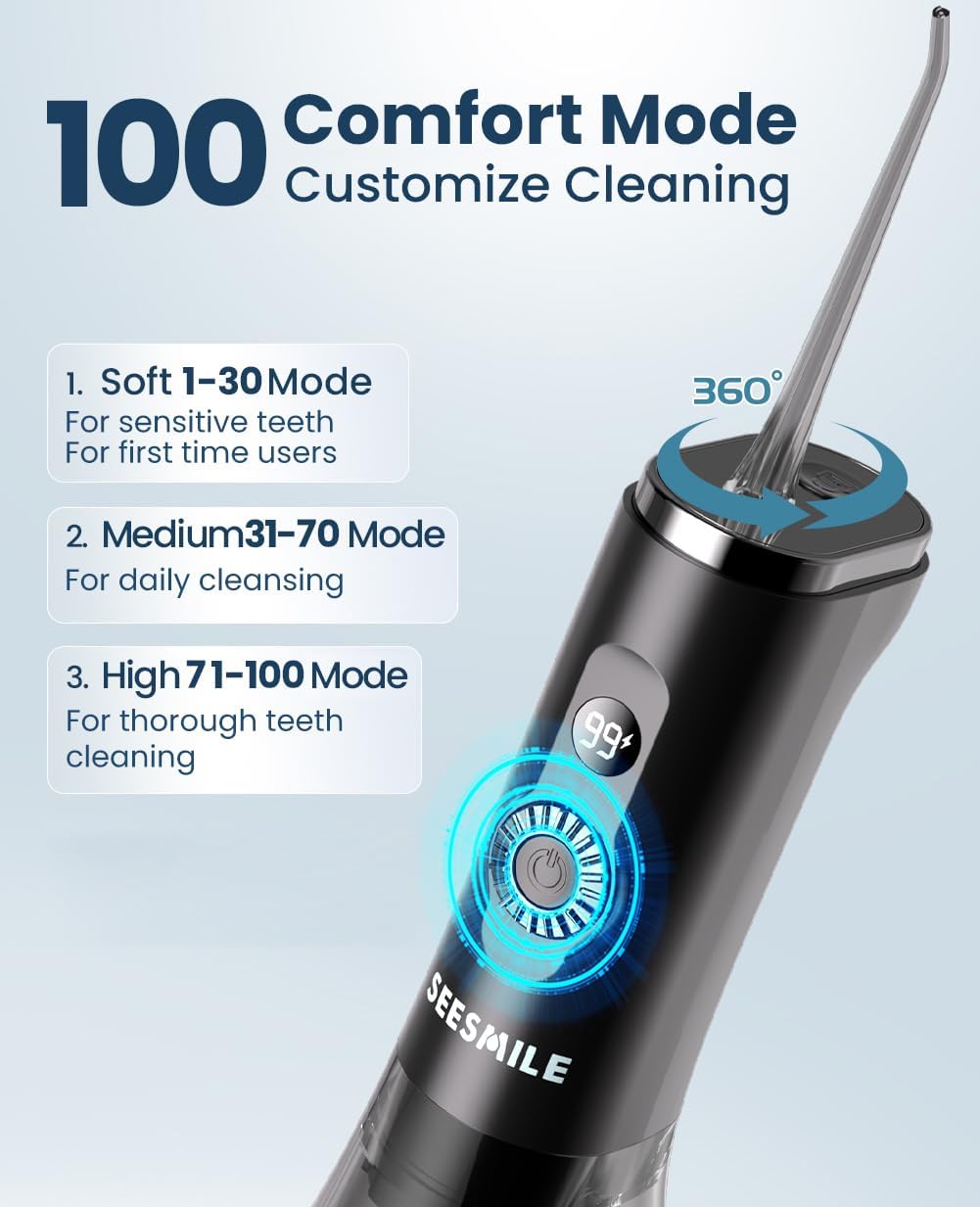 Water Dental Flosser Teeth Pick: 100 Modes Portable Cordless Oral Irrigator 300 ML Rechargeable Water Flosser IPX7 Waterproof Powerful Battery for Home Travel - Black