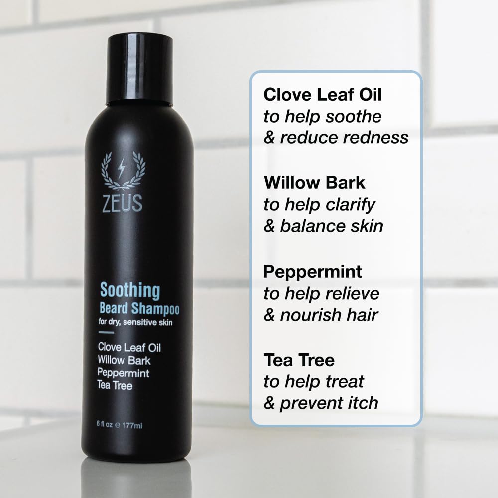 ZEUS Soothing Beard Shampoo for Men, Specialized Face & Hair Wash for Dry & Sensitive Skin, Anti-Dandruff & Itch Relief for Healthy Beard Growth (Made in USA) 6 oz.