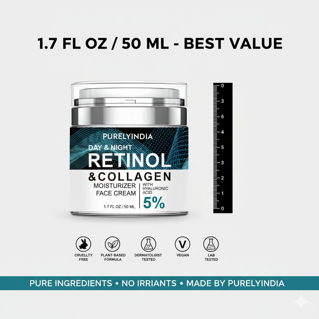 Retinol Cream for Face Anti-Aging Moisturizer with Collagen for Deep Wrinkles, Ideal for Women & Men - Day & Night Anti-Aging Skin Care with Hyaluronic Acid 5% 1.85 Fl Oz