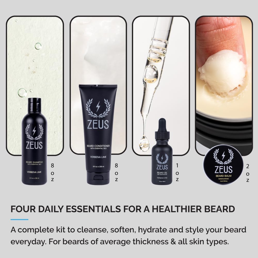 ZEUS Everyday Beard Kit for Men, Facial Hair Shampoo, Conditioner, Oil, Balm & Tin Gift Box, Premium Beard Care & Grooming Set (Made in USA) Vanilla Rum