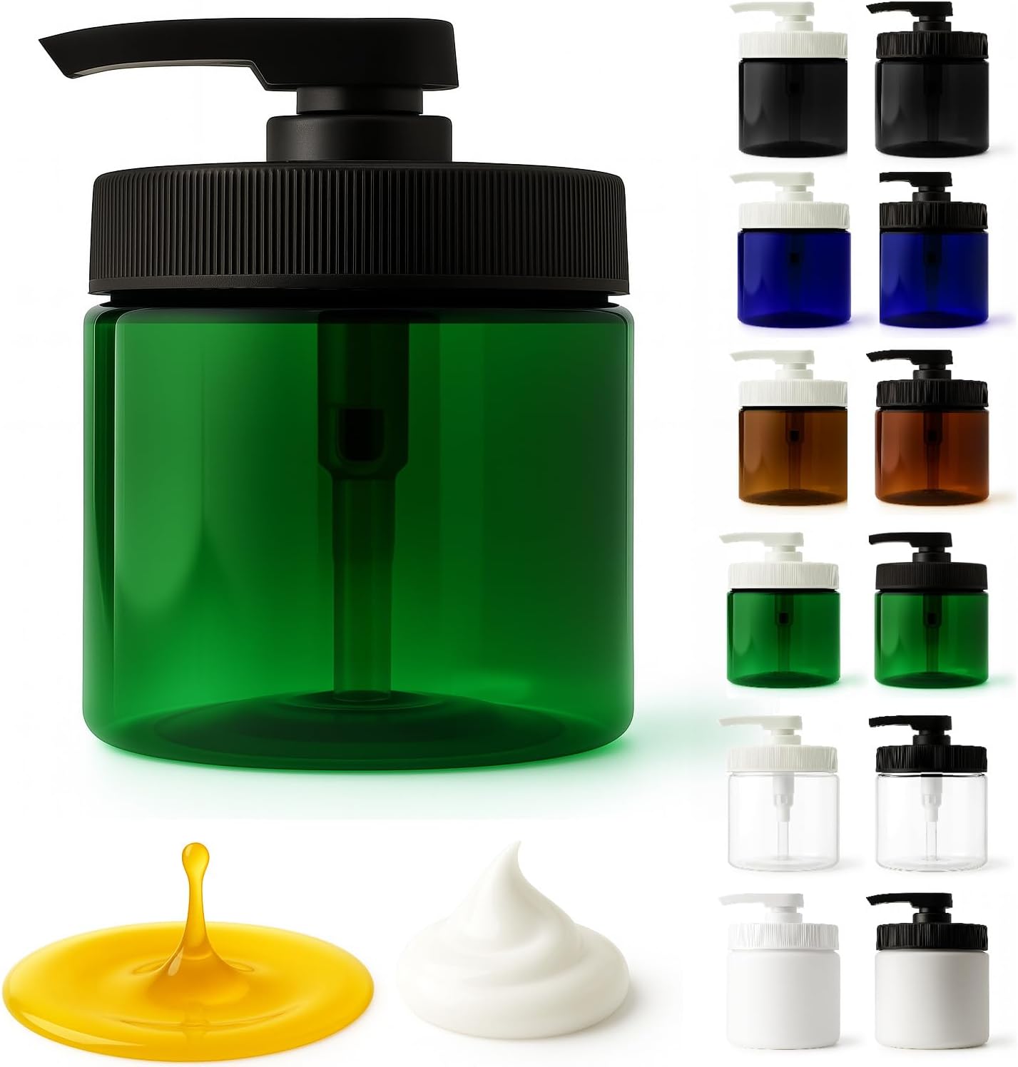 Royal Massage 16oz Refillable Pump Jar with Locking Dip Tube Dispenser – BPA-Free Plastic Container for Massage Oils, Lotions, Creams – Ribbed Lid Wide-Mouth Jar – Durable & Reusable (Green/Black, 1)