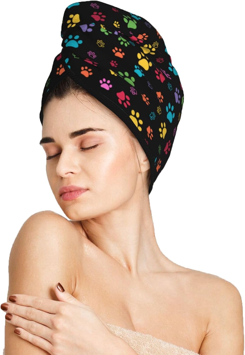Colorful Paw Pattern Hair Towel Wrap Microfiber Fast Drying Hair Turban with Buttons for Women Drying Curly, Long & Thick Hair