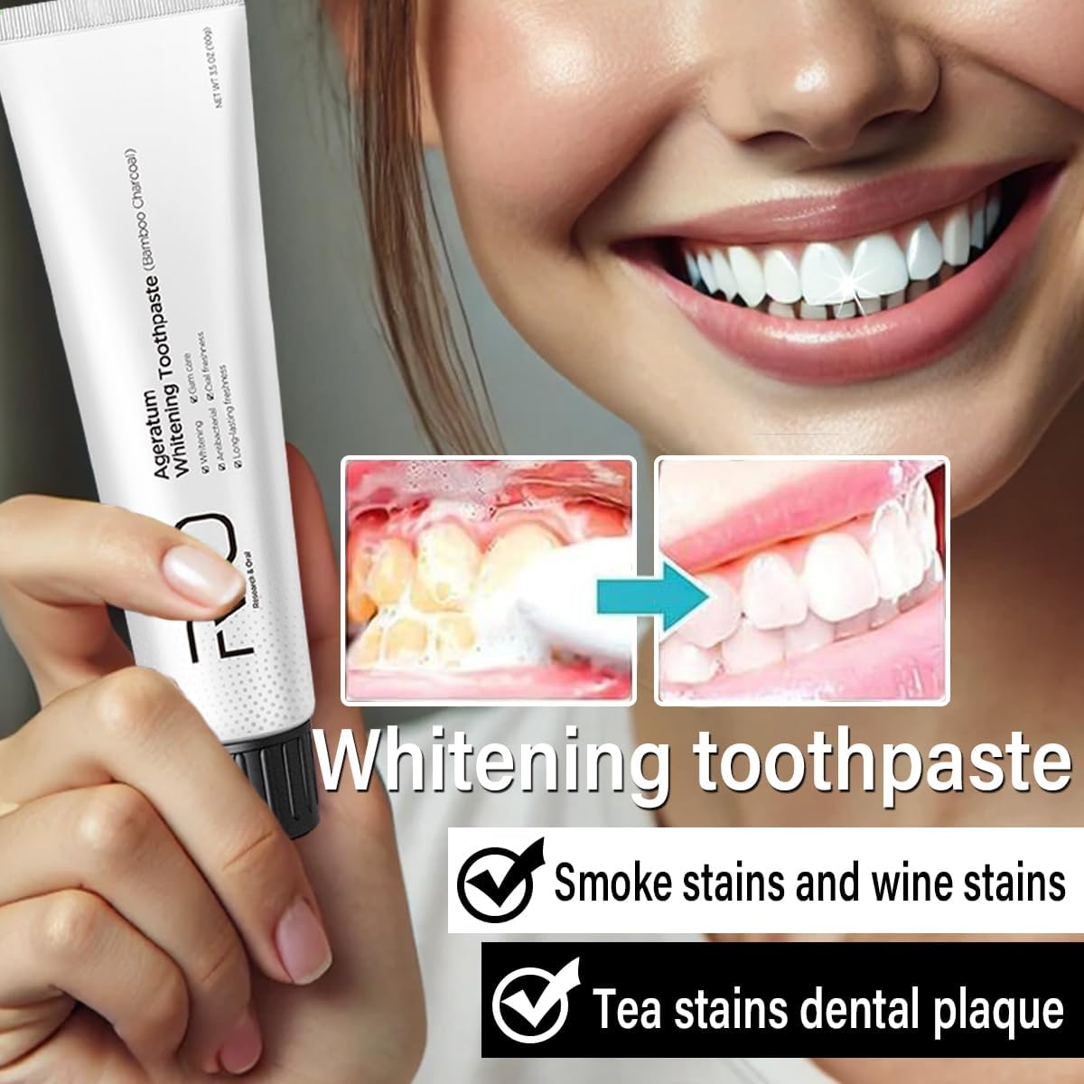 R&O Ageratum Whitening Toothpaste with Bamboo Charcoal, 3.53 oz - Removes Stubborn Stains, Great for Teeth Whitening, Reduces Plaque, Promotes Oral Health with Long - Lasting Fresh Breath (2 Tubes)