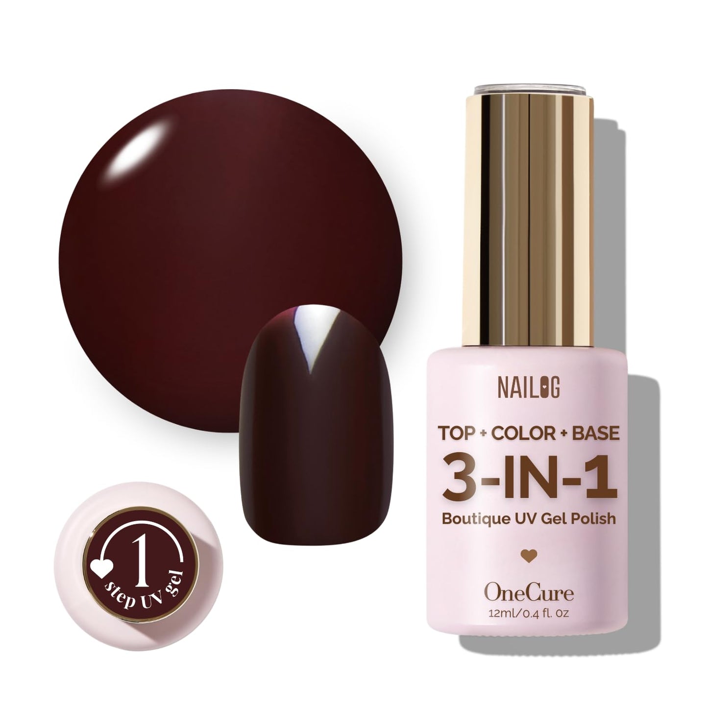 NAILOG One Step Gel Nail Polish 12ml Top Coat Color Gel Base 3-In-1 Formula Soak Off UV Gel Polish for Home DIY & Gifting | Dark Wine Red