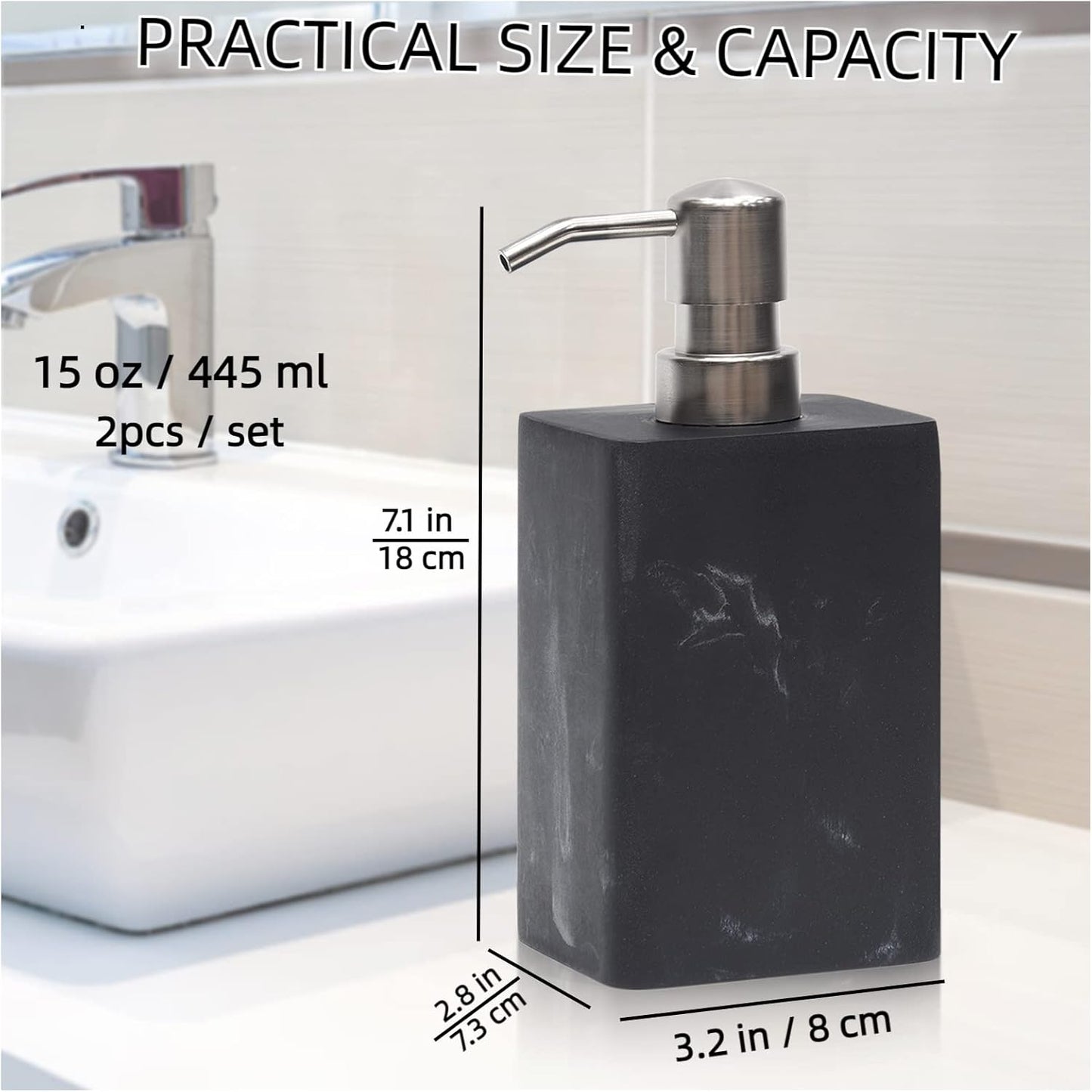 15Oz Marble Style Resin Soap Dispenser Set,2pcs Hand and Dish Soap Dispenser for Bathroom Countertop or Kitchen Sink,Refillable Decorative Liquid Soap Dispenser with Easy-Press Pump,White&Black