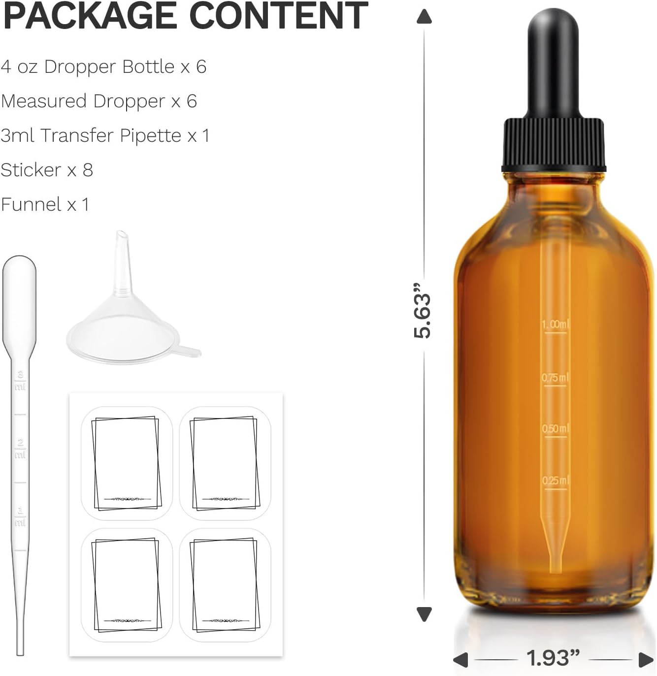 6 Pack, 4 oz Dark Amber & Blue Dropper Bottles with Measured Dropper, Glass Eye Dropper Bottle for Essential Oils with Funnel, Labels & Pipette, Droppers for Oils (Unbreakable Plastic Eye Dropper)