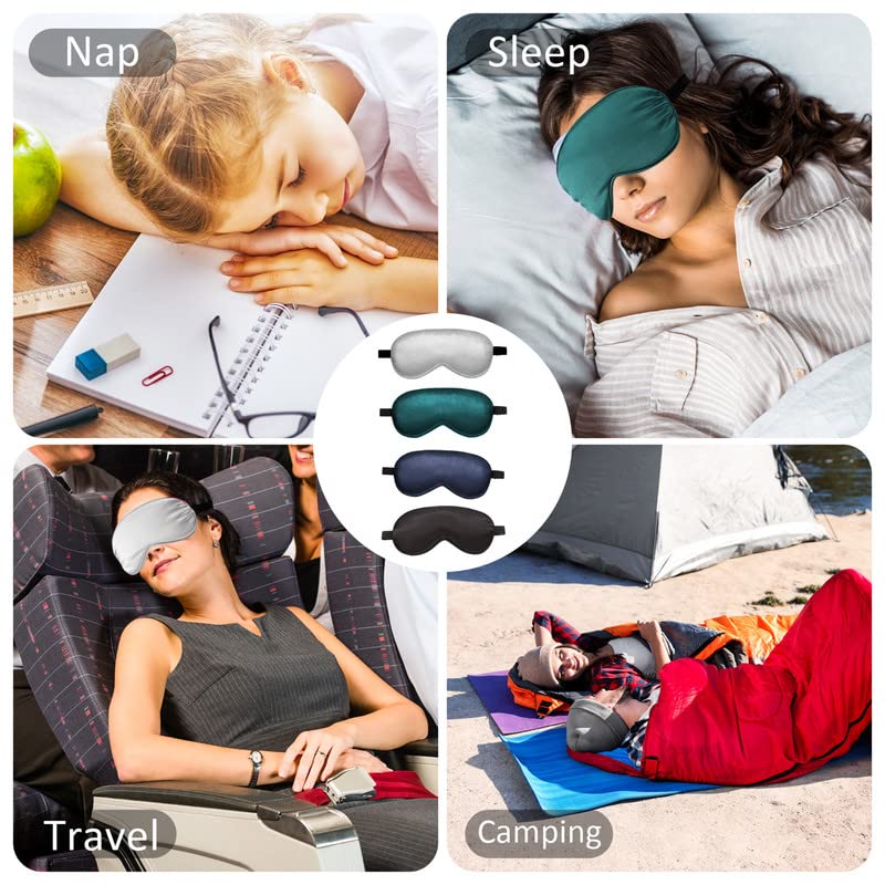 BBTO 4 Pcs Silk Sleep Eye Masks Smooth Soft Satin Eye Covers with Adjustable Strap Blindfold for Sleeping Blocking Out Lights Travel Relaxation(Black, Navy Blue, Dark Green, Gray)