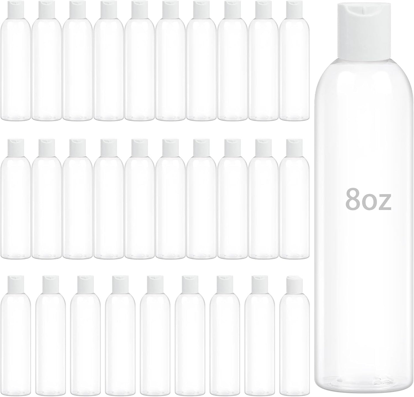 30 Pack 8 oz Clear Plastic Bottles with White Disc Caps Refillable Empty Squeeze Containers Cosmetic Bottles for Toiletries Conditioner Shampoo Lotions Gels