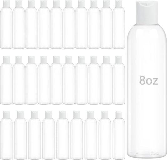 30 Pack 8 oz Clear Plastic Bottles with White Disc Caps Refillable Empty Squeeze Containers Cosmetic Bottles for Toiletries Conditioner Shampoo Lotions Gels