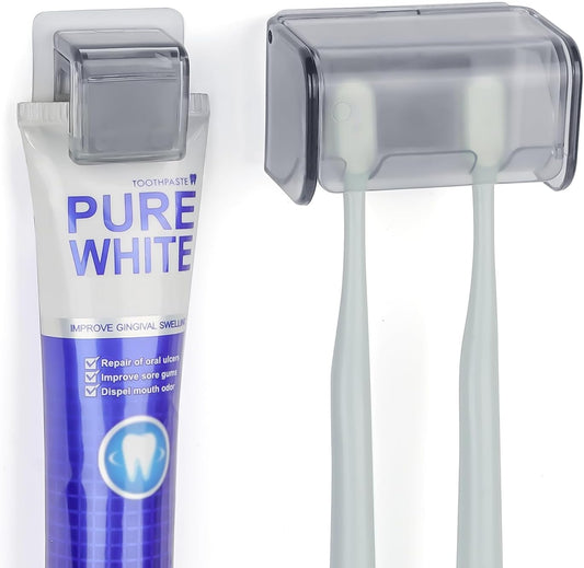 Toothbrush Holder Wall Mounted with Cover for Bathroom, 2 Slots Toothbrush Storage Organizer for Shower, Self Adhesive Toothbrush Hanger with Toothpaste Clip