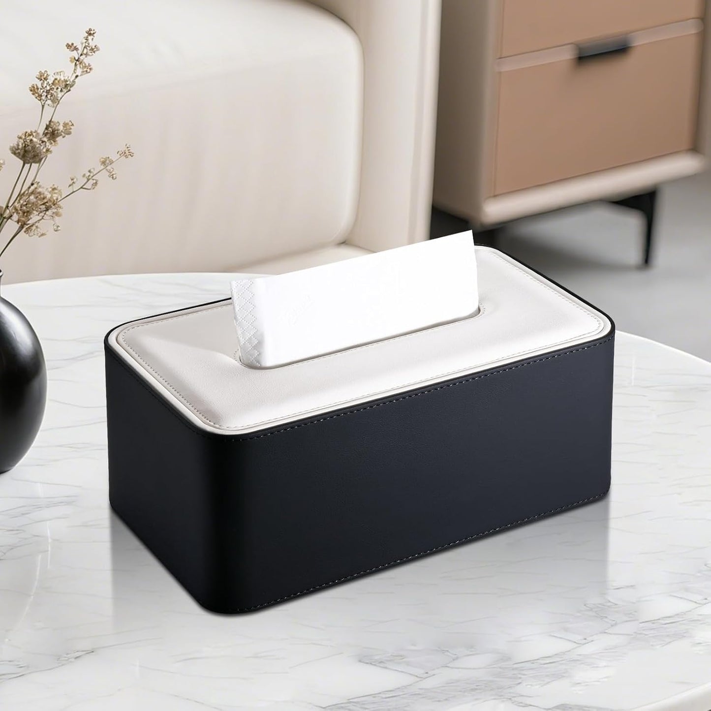 KINGFOM Tissue Box Cover, PU Leather Tissue Box Holder Rectangular, Modern Facial Tissue Paper Napkin Dispenser for Bathroom, Home, Office, Car Automotive Decoration with Magnetic Lid Black