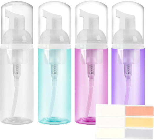 4 Pack Foam Pump Bottle, 60 ml/2 oz Mini Empty Bottle Travel Foaming Dispenser, Plastic Mousse Foam Dispenser Pump for Soap, Shower Gel, Shampoo, Facial Cleanser - Mix Colors