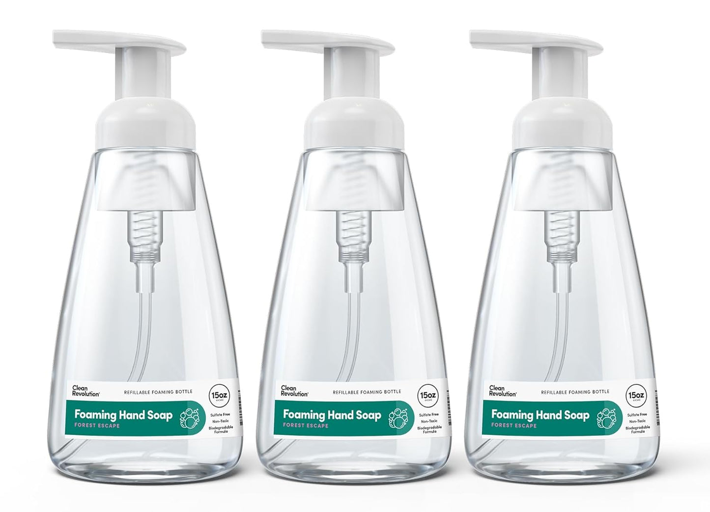 Clean Revolution Ready to Use Foaming Hand Soap| Three Pack | Jumbo 15oz Bottles | Gentle, Moisturizing & Eco-Friendly | Real Essential Oils | Forest Escape | 45 Total Fl Oz, Clear