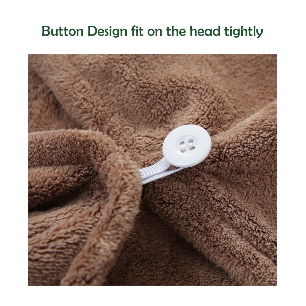 2 Pack Hair Drying Towels, Hair Wrap Towels,Absorbent Microfiber Hair Towel Turban with Button Design to Dry Hair Quickly(Star Green&Camel)