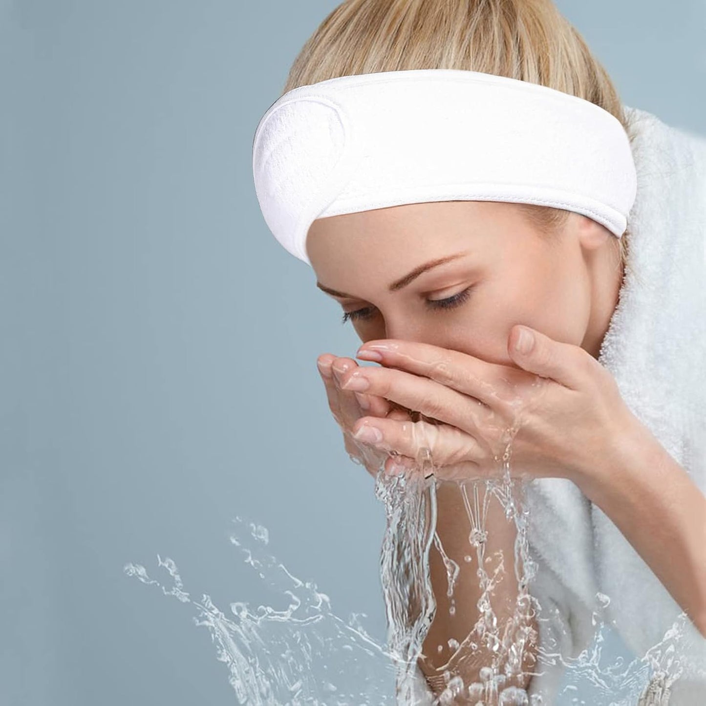 Facial Spa Headbands 4 PCS, Makeup Shower Bath Wrap Sport Headband Terry Cloth Stretch Towel with Magic Tape (White)