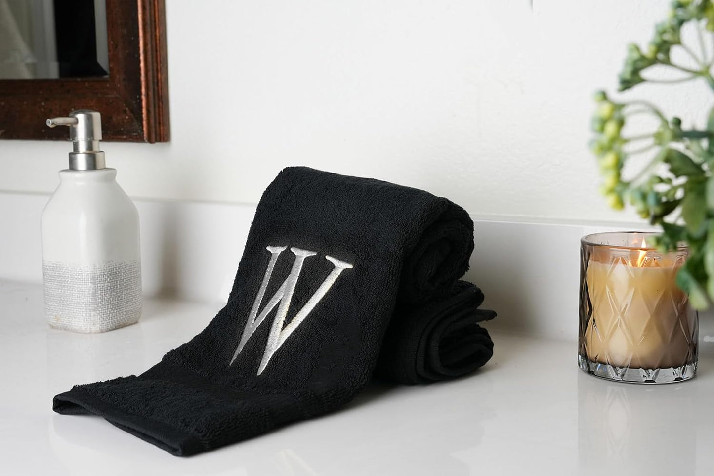 Black Luxury Hand Towel for Bathroom - Monogrammed Initial Hotel Quality Decorative Embroidered Towel for Powder Room, Spa - GOTS Organic Certified - Pack of 2 - Letter W