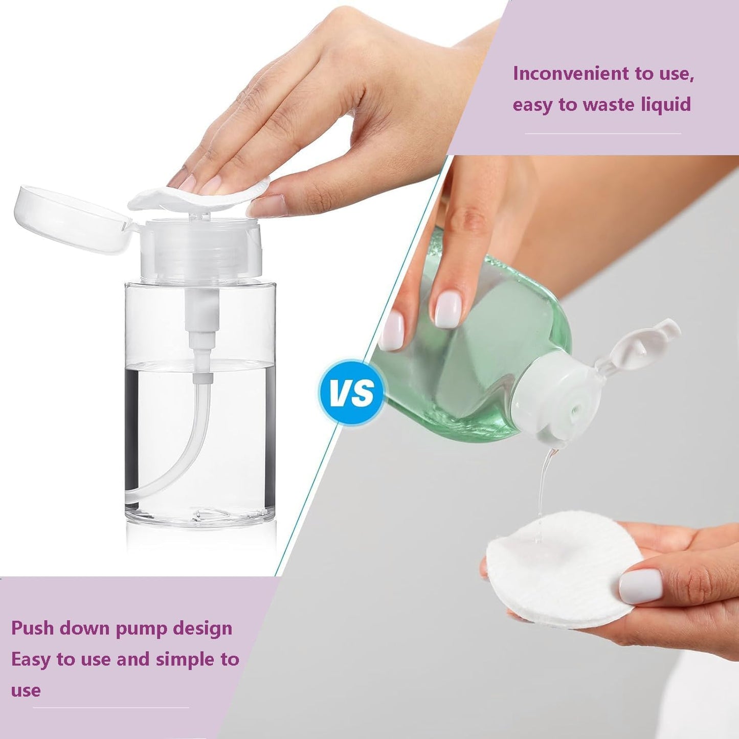 Push Down Pump Dispenser, 3.4oz Clear Pump Bottles with Alcohol, Acetone, Nail Polish Remover, Makeup Remover, Toner Stickers Empty Push Top Container for Liquid (100ml-4Pack)