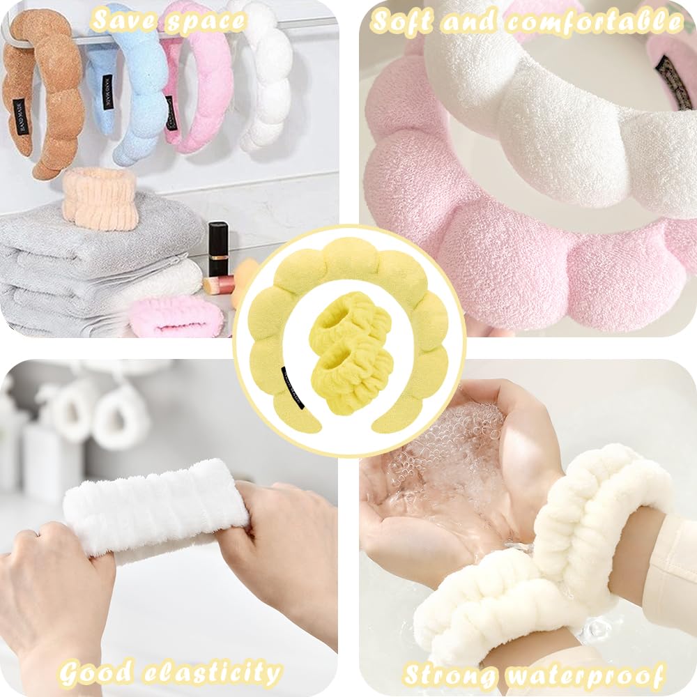Spa Headbands for Washing Face Wristband Set Sponge Makeup Skincare Headband Wrist Towels Bubble Soft Terry Towel Cloth Hairband for Women Puffy Headwear Non Slip Thick Thin Hair Headwear (Yellow)
