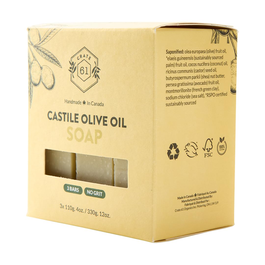 Crate 61, Handmade in Canada, Plant Based Cold Process Natural Bar Soap For Face And Body, With Premium Essential Oils, For Men And Women 3 Pack (Castile (Unscented))