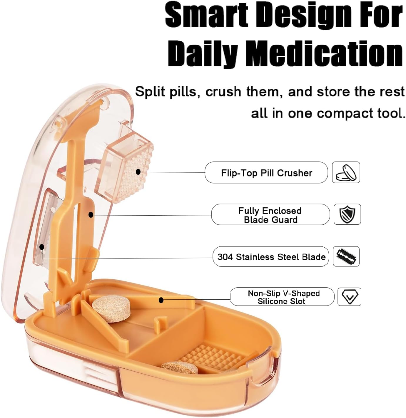 Clear Pill Cutter & Crusher – Precision Tablet Splitter with Safety Blade Guard, Pill Storage and Built-in Cleaning Brush – for Small and Large Pills, Travel Ready (Transparent Brown)