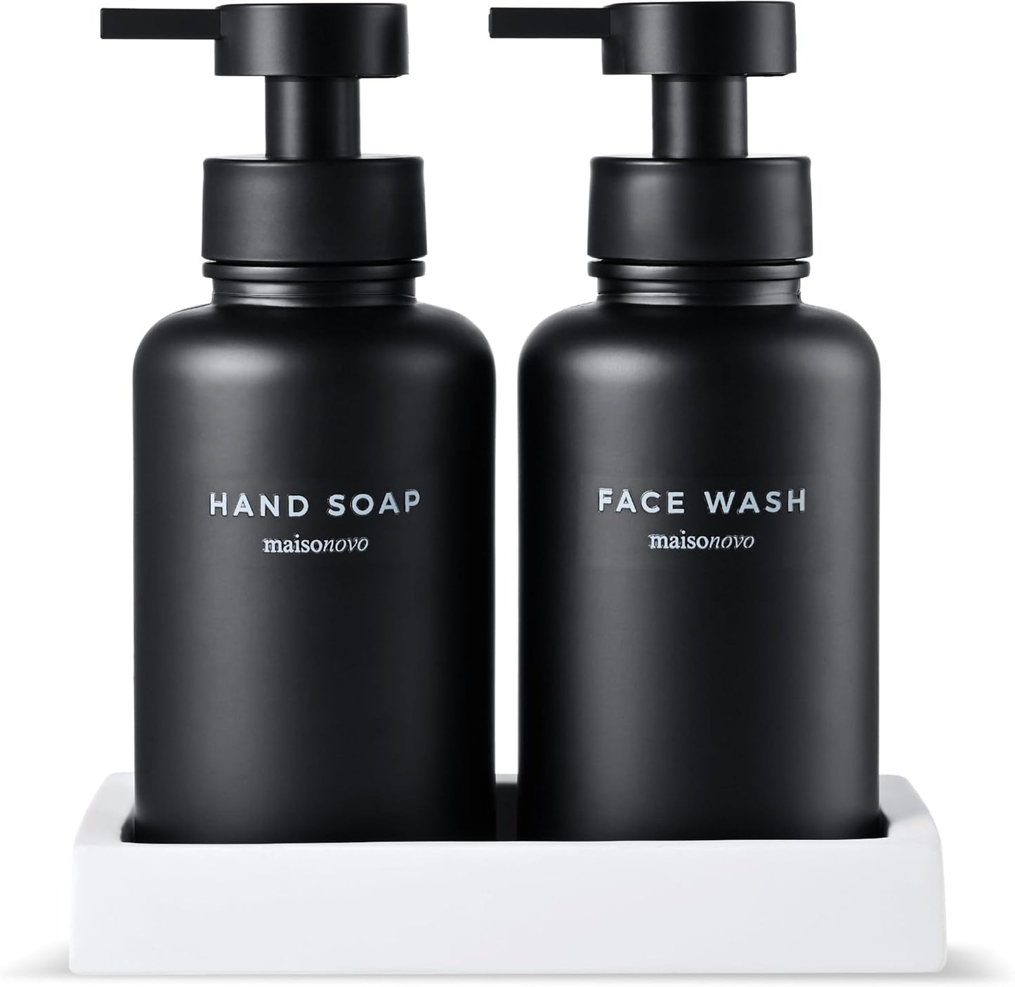 MaisoNovo Glass Foaming Soap Dispenser | Black Glass Black Pumps x 2 with Tray
