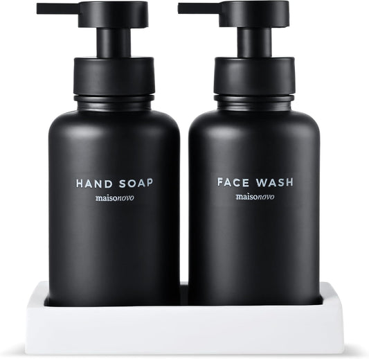 MaisoNovo Glass Foaming Soap Dispenser | Black Glass Black Pumps x 2 with Tray