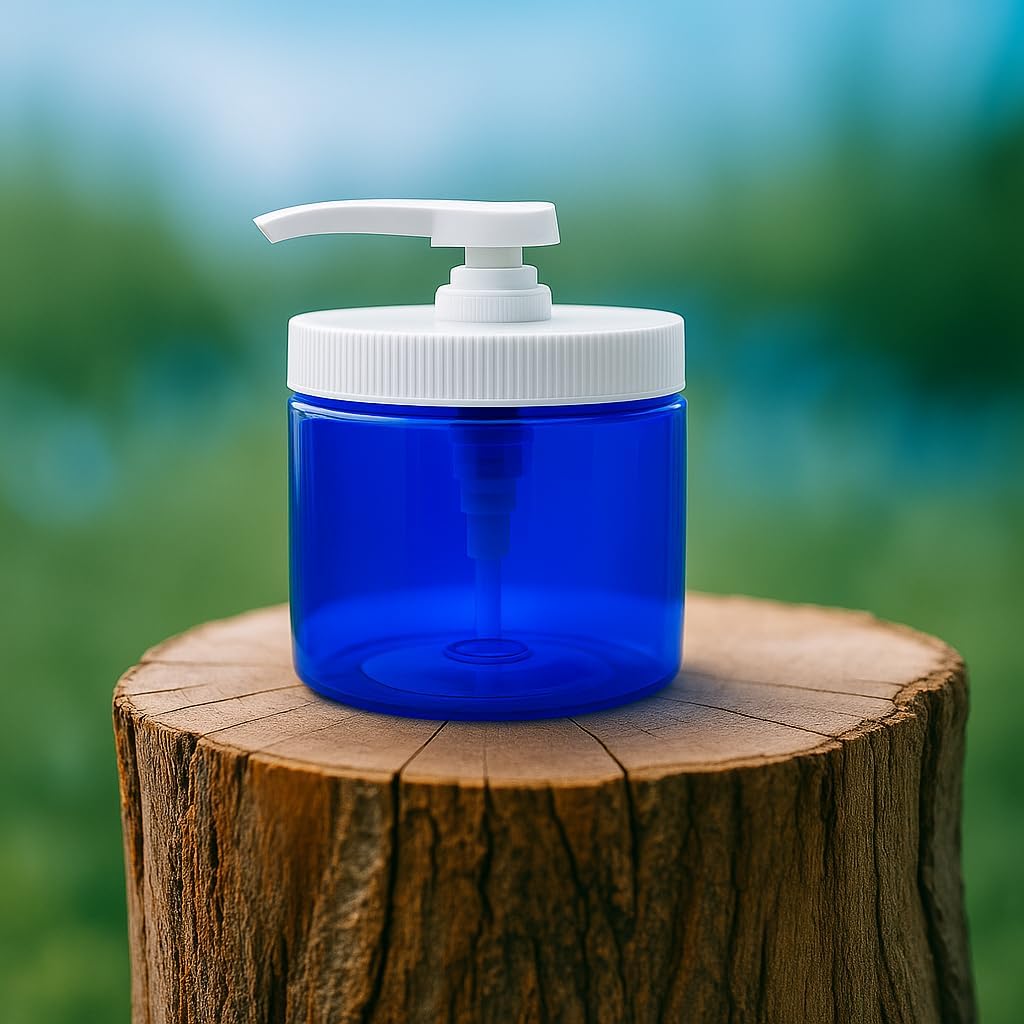 Royal Massage 16oz Refillable Pump Jar with Locking Dip Tube Dispenser – BPA-Free Plastic Container for Massage Oils, Lotions, Creams – Ribbed Lid Wide-Mouth Jar – Durable & Reusable (Blue/White, 3)