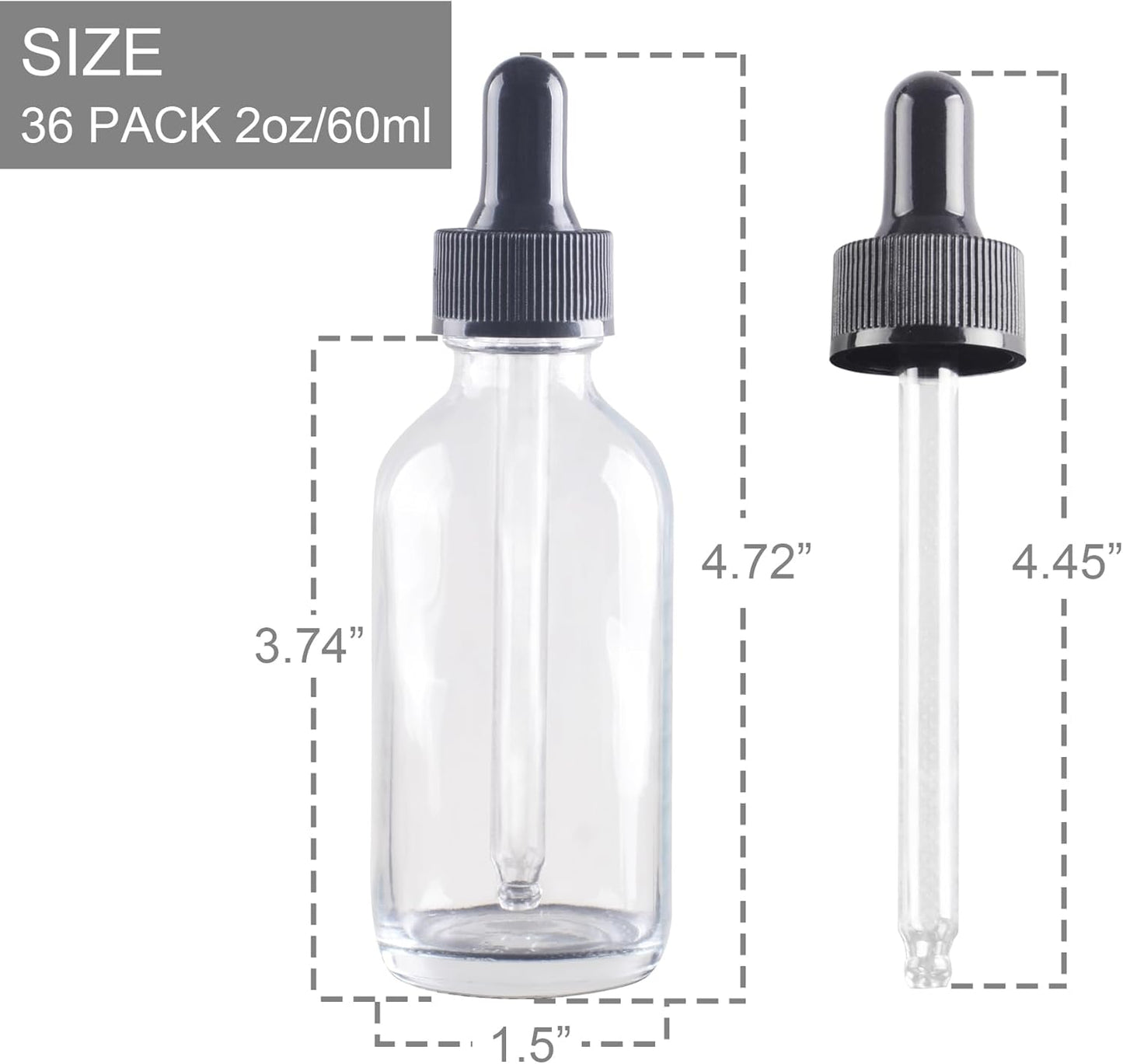 36 Pack 2oz Clear Glass Dropper Bottles, Glass Eye Dropper Bottles for Essential Oils, Perfumes, Laboratory Use (Clear, 2oz-36Pack)
