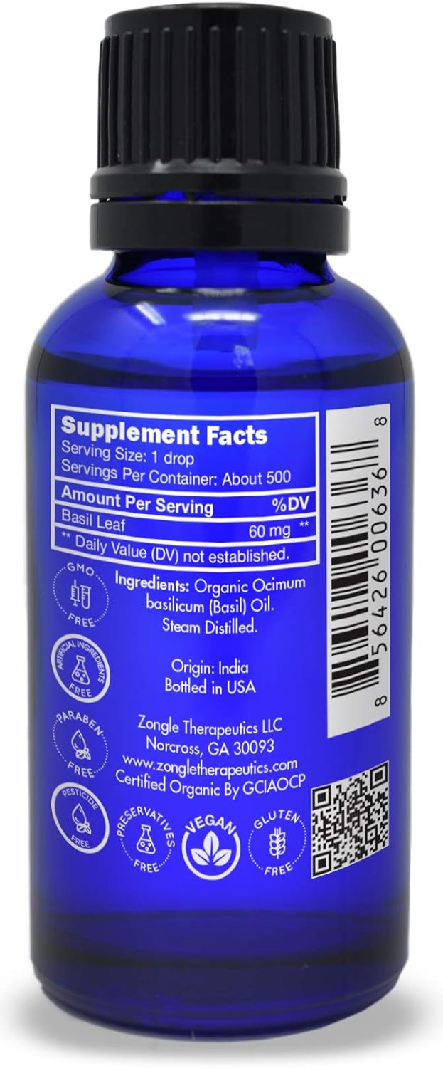 Organic, Basil Essential Oil, Food Grade – 100% Pure, Basil Oil, by Zongle Therapeutics, 1 OZ