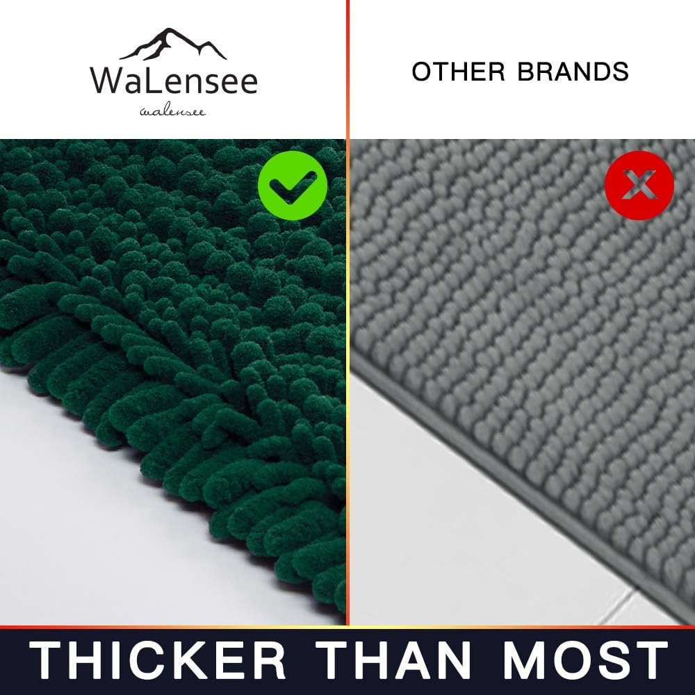 Walensee Bathroom Rug 2 Pieces Set Non Slip Bath Mat (20"x32" Plus 20"x32" Hunter Green) Water Absorbent Super Soft Shaggy Chenille Machine Washable Dry Extra Thick Perfect Carpet for Shower Floor