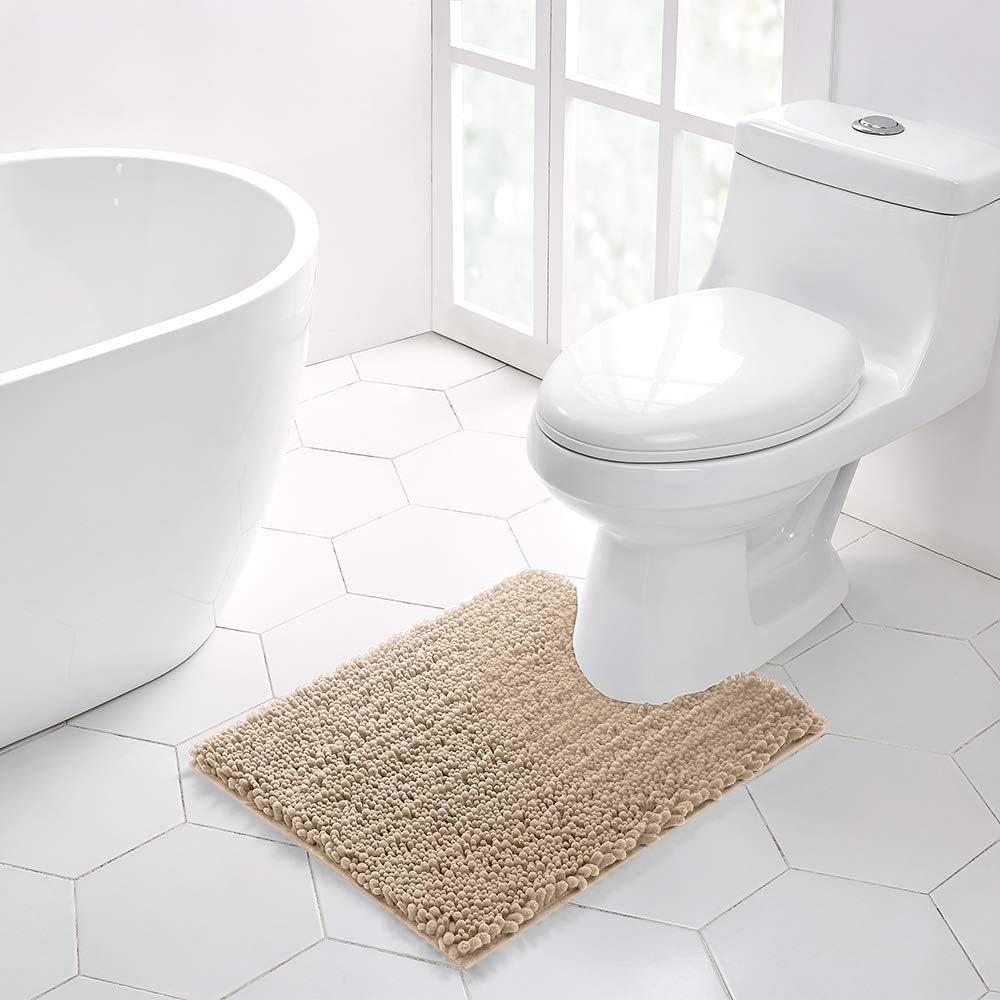 Walensee Bathroom Contour Rug Non Slip Toilet U Shaped Bath Mat (20x24, Beige) Water Absorbent Super Soft Shaggy Chenille Machine Washable Dry Extra Thick Perfect Absorbant Best Plush Carpet
