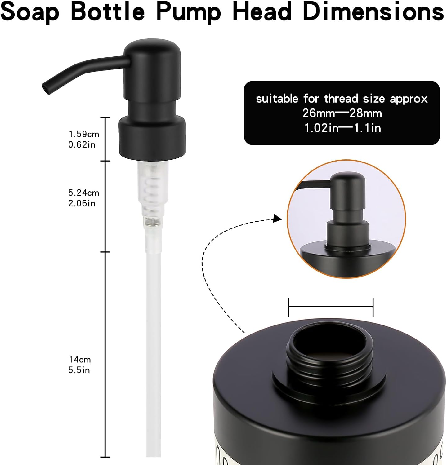 2PCS Stainless Steel Black Soap and Lotion Dispensers Pump Replacement,Smooth Action Replacement for Round 1.1in (28 mm) Neck Bottles,Rust Proof&Leak Proof