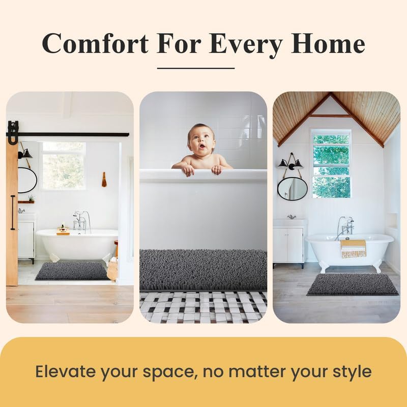 MAYSHINE Plush Shaggy Chenille Bath Mat | Extra Soft, Super Absorbent, Non-Slip Bathroom Rug | Fluffy Microfiber, Area Rug Sets for Bathroom Floor, Kitchen, Living Room | 32"x20" | Charcoal Gray