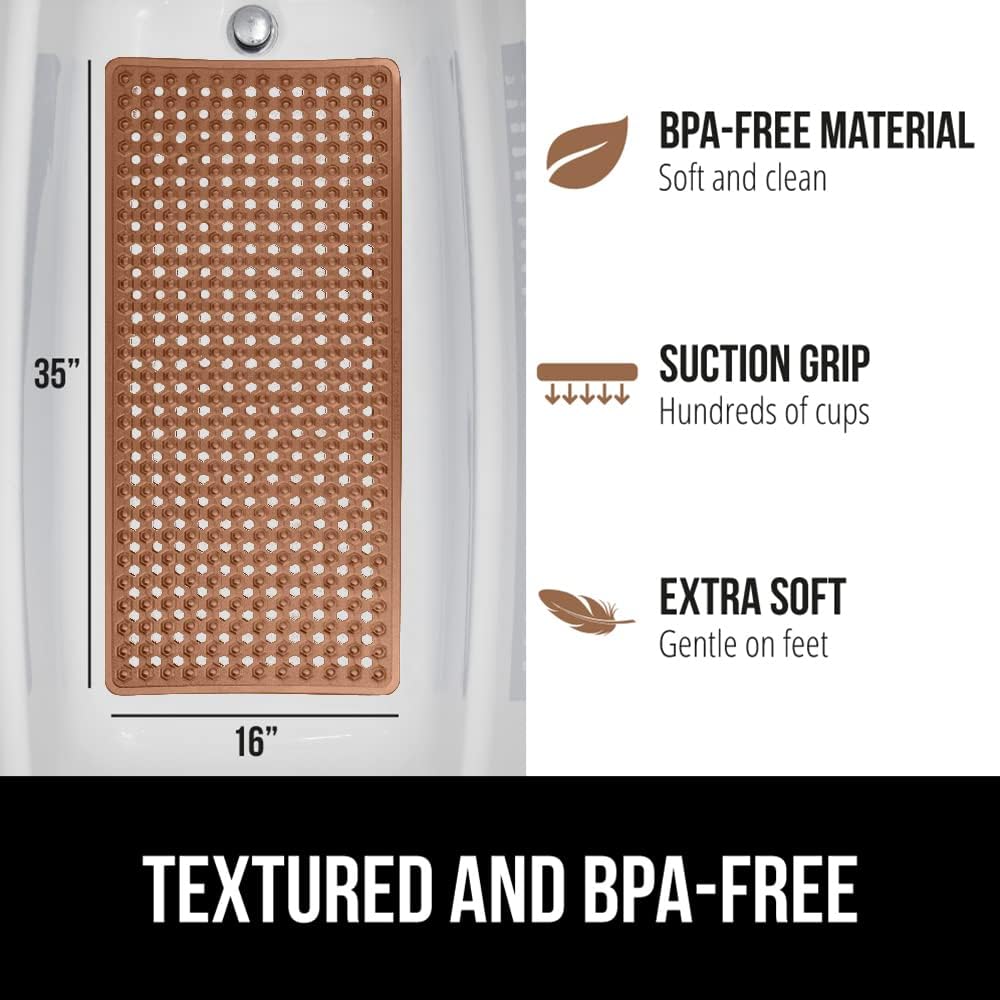 GORILLA GRIP Patented Bath Tub Shower Mat, Machine Washable Bathtub Floor Liner Mats, Suction Cups and Drain Holes to Keep Tubs Clean, Soft on Feet, Bathroom Essentials, 35x16 Inch, Brown
