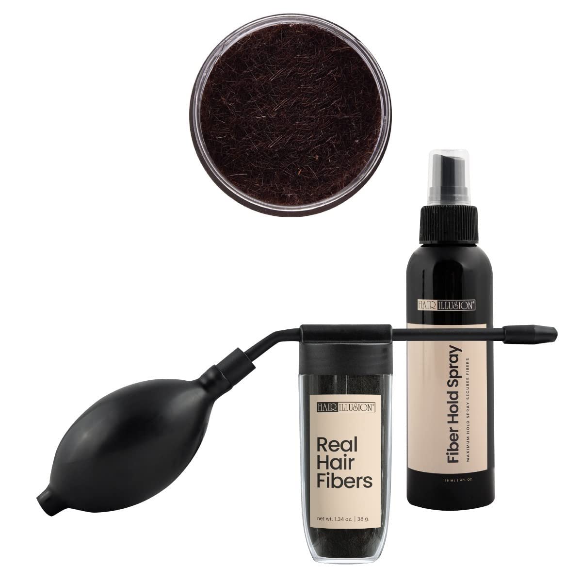 Hair Illusion Combo Kit - Hold Spray, 38g Hair Fiber Bottle, Applicator & Hairline Optimizer (Brown)