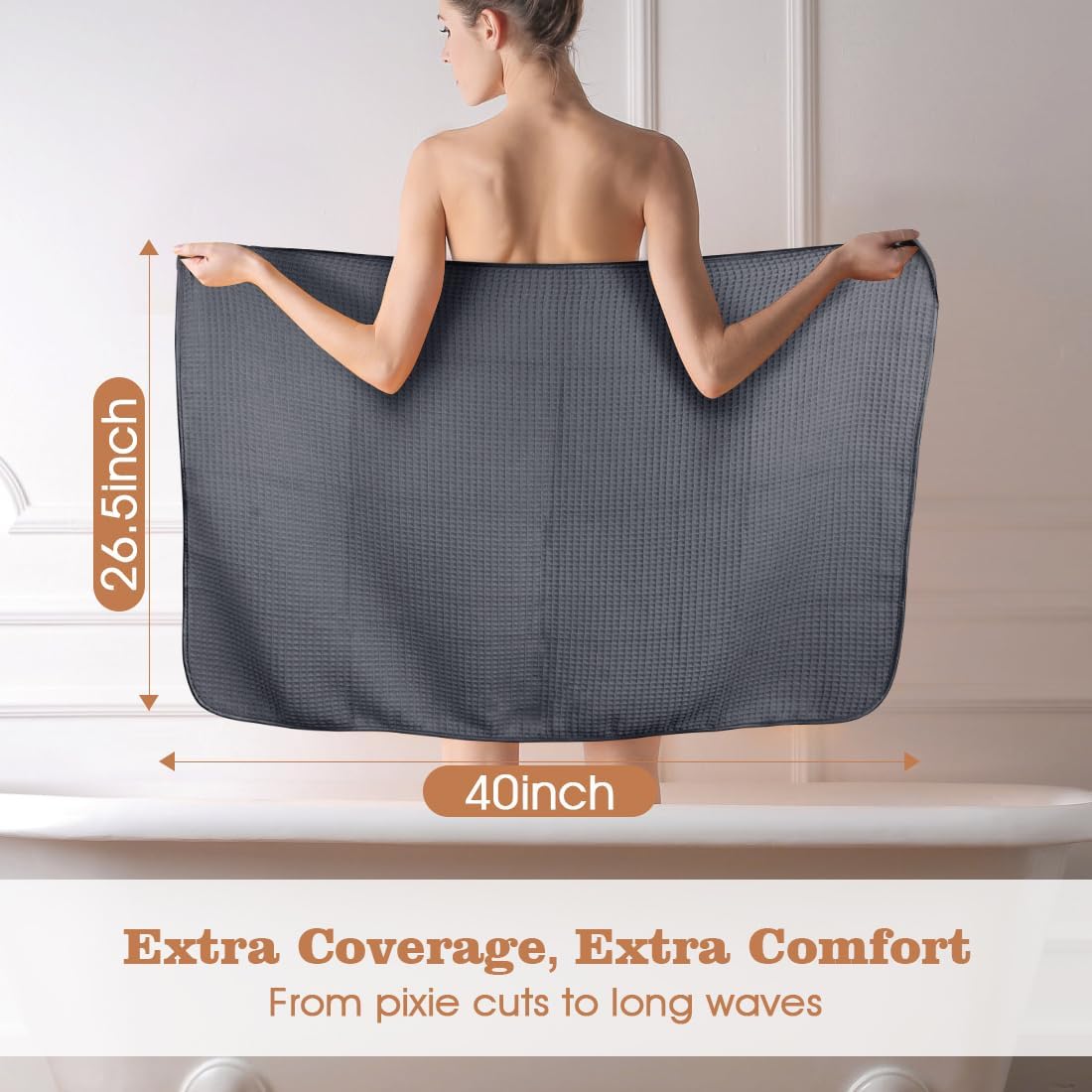 GLIMGLINT 2 Pack Large Microfiber Hair Towel Wrap for Women, Super Soft Hair Drying Towel, Fast Drying Waffle Hair Towel Wrap with Elastic Strap 40"X26.5" (Grey/Brown)