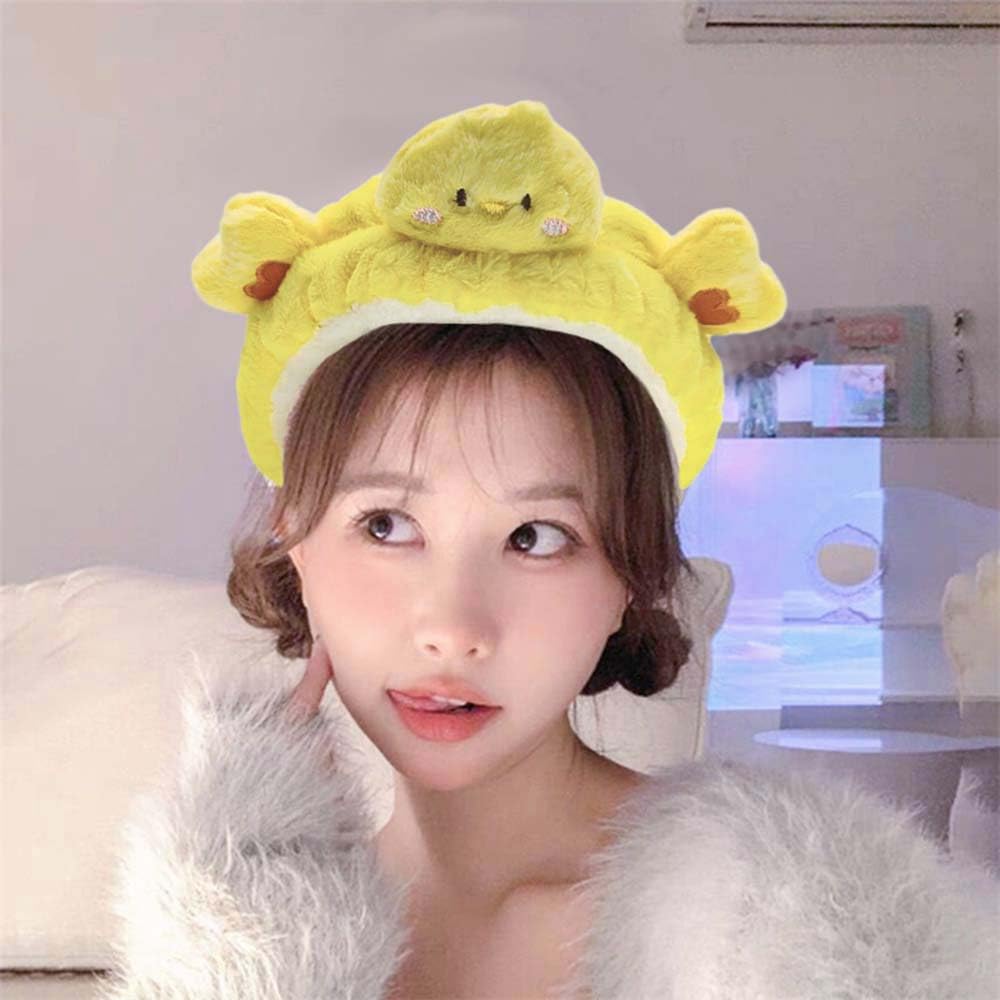 Kawaii Spa Headband - Cute Duck Towel Headband for Women's Skin Care, Makeup & Wash - Soft Microfiber Coral Fleece (Yellow, Duck)