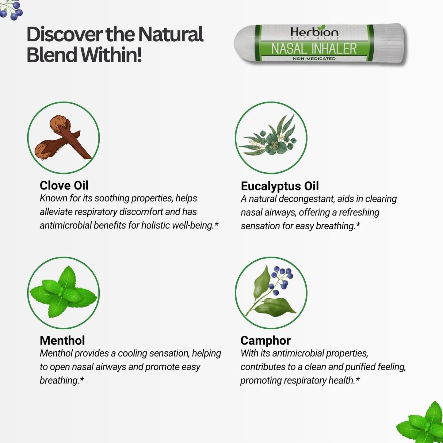 HERBION Naturals Nasal Inhaler Non-Medicated, Relieves Nasal Congestion & Blockage, Sinusitis Conditions, Menthol, Clove Oil, Eucalyptus Oil & Camphor, 0.05 Fl Oz (1.5ml)