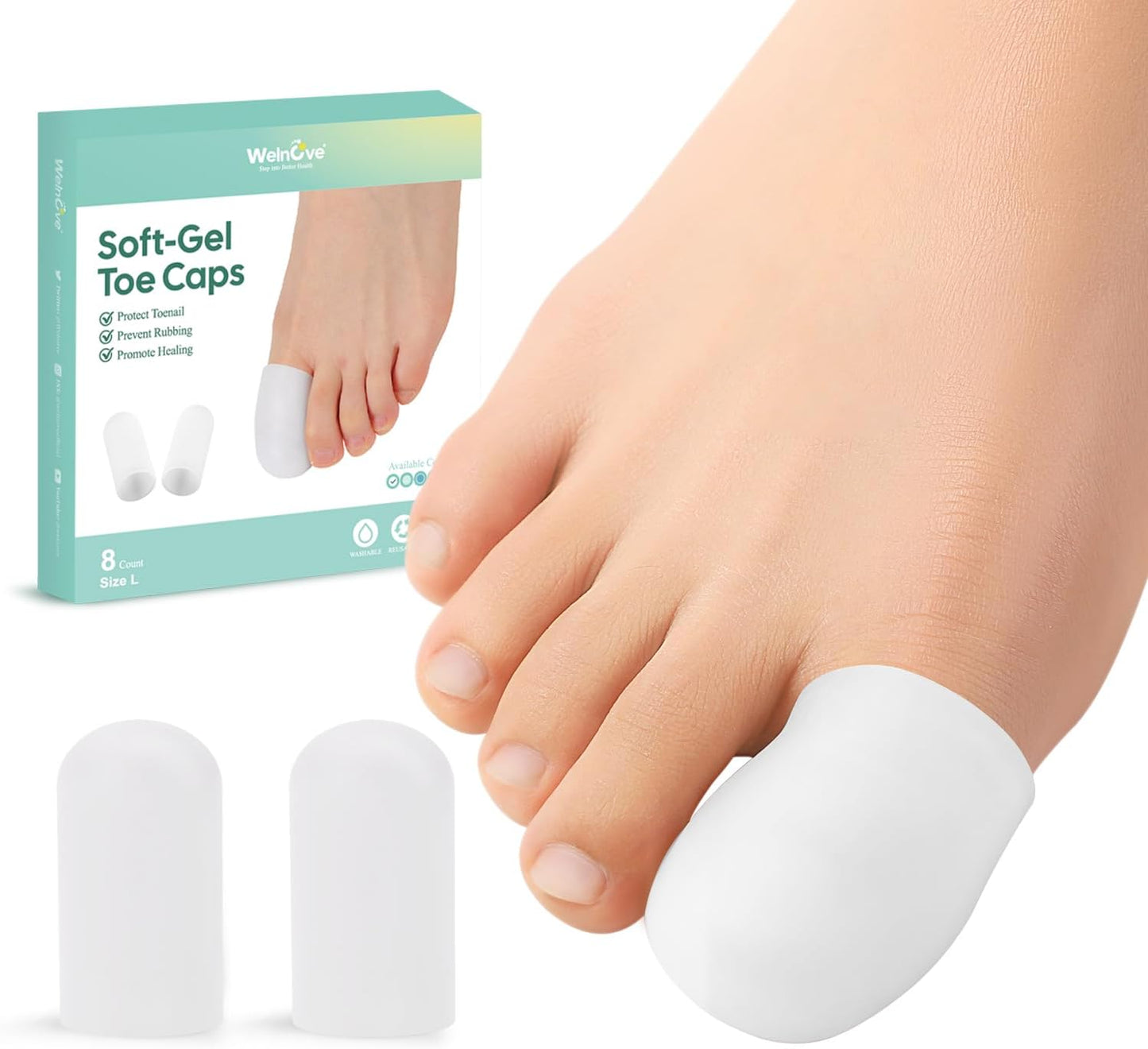 Welnove Gel Toe Cap and Protector - Silicone Toe Covers - Toe Cushions for Pain Relief, Missing or Ingrown Toenails, Corns, Calluses, Blisters (8 Large, White)