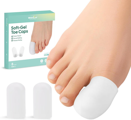 Welnove Gel Toe Cap and Protector - Silicone Toe Covers - Toe Cushions for Pain Relief, Missing or Ingrown Toenails, Corns, Calluses, Blisters (8 Large, White)