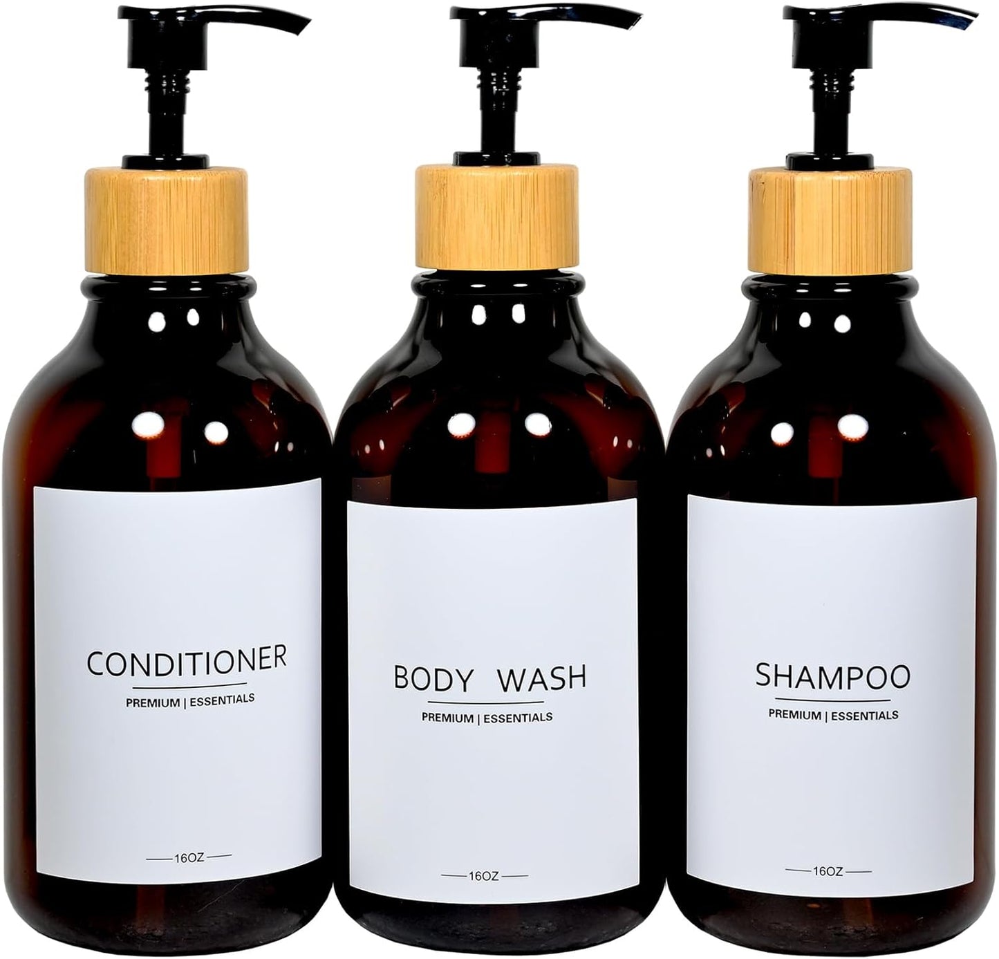 Shower Shampoo and Conditioner Bottles, Apothecary Dispenser Bamboo Pump, Refillable Bottles for Lotion Oil Hand Soap and Dish Soap, Plastic Set (3 Bottles 9 Labels) (3, Amber)