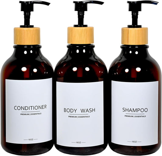Shower Shampoo and Conditioner Bottles, Apothecary Dispenser Bamboo Pump, Refillable Bottles for Lotion Oil Hand Soap and Dish Soap, Plastic Set (3 Bottles 9 Labels) (3, Amber)
