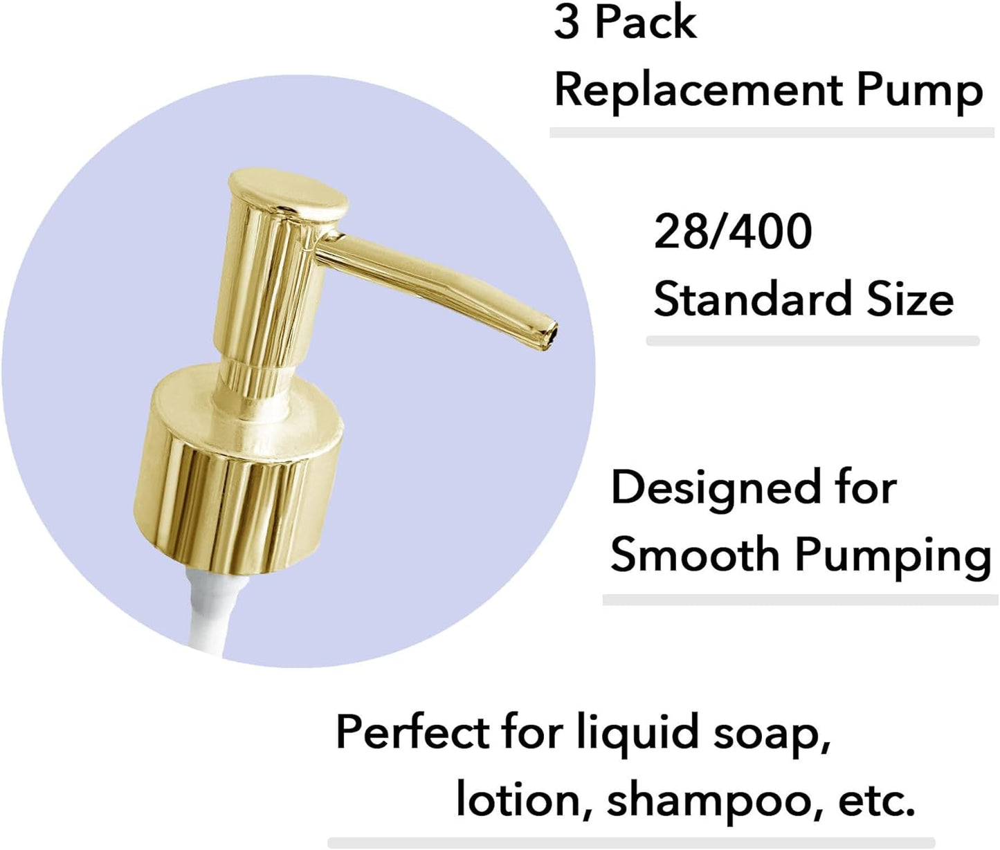 Gold Pump Replacement for Soap Dispenser, 3 Pack Pump Head, 28/400 Threads Standard Size, for Bathroom and Kitchen, (Shiny Gold)