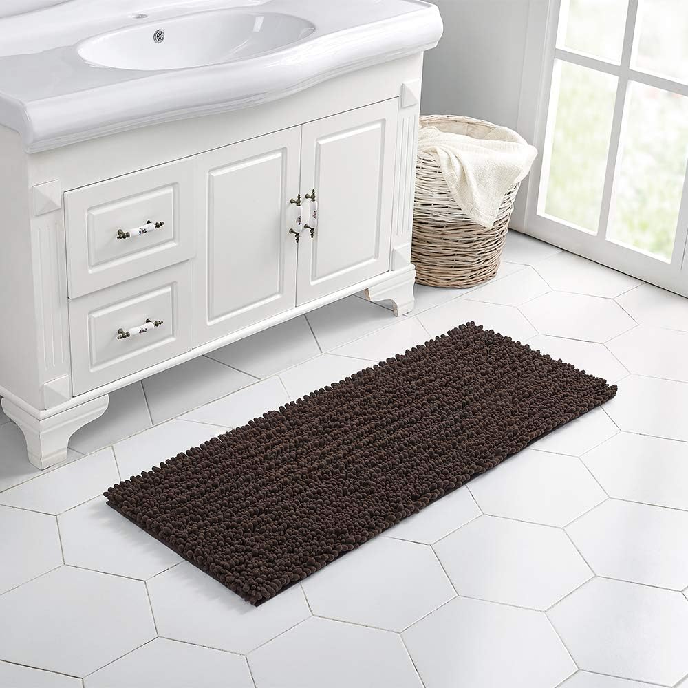 Walensee Bathroom Rug Non Slip Bath Mat (44x24 Inch Brown) Water Absorbent Super Soft Shaggy Chenille Machine Washable Dry Extra Thick Perfect Absorbant Best Large Plush Carpet for Shower Floor