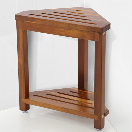 IBosins 16in Shower Foot Rest Corner Shower Stool for Shaving Legs with Storage Shelf Small Bench for Inside Shower to Sit on Bath Seat - Acacia Wood