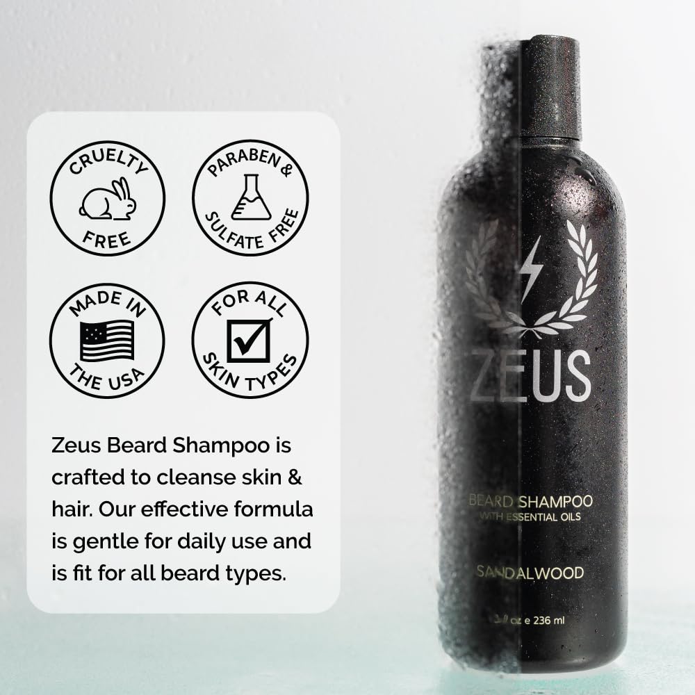 ZEUS Beard Shampoo Wash, Infused with Green Tea & Natural Ingredients to Cleanse and Soften Beard – 8 oz. Made in USA – Sandalwood