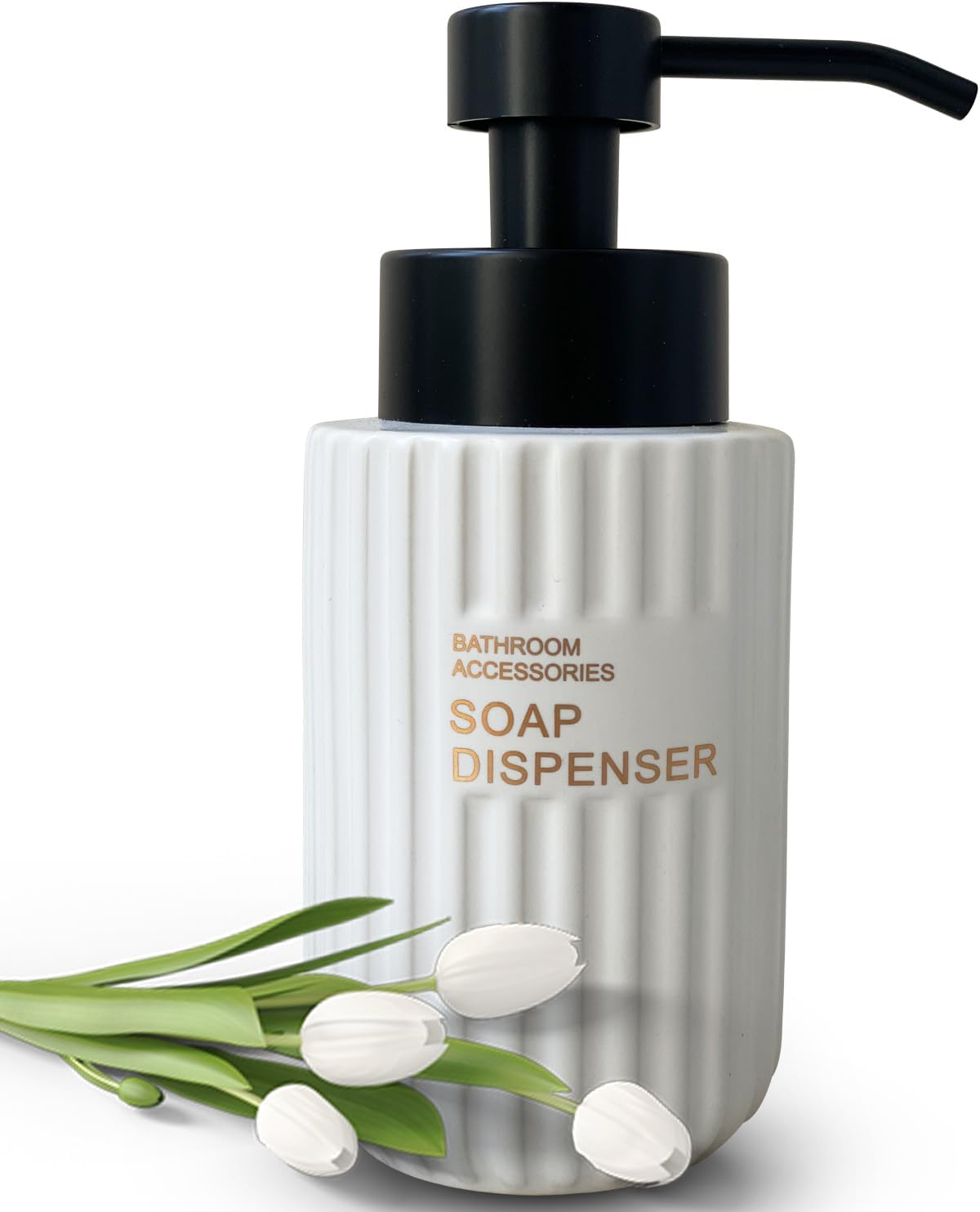 11.5 Oz Foaming Soap Dispenser for Bathroom,Kitchen Foam Soap Dispenser,Refillable Modern Foam Pump Bottle,Black Ceramic Foaming Hand Pump Dispenser (White Stripe)