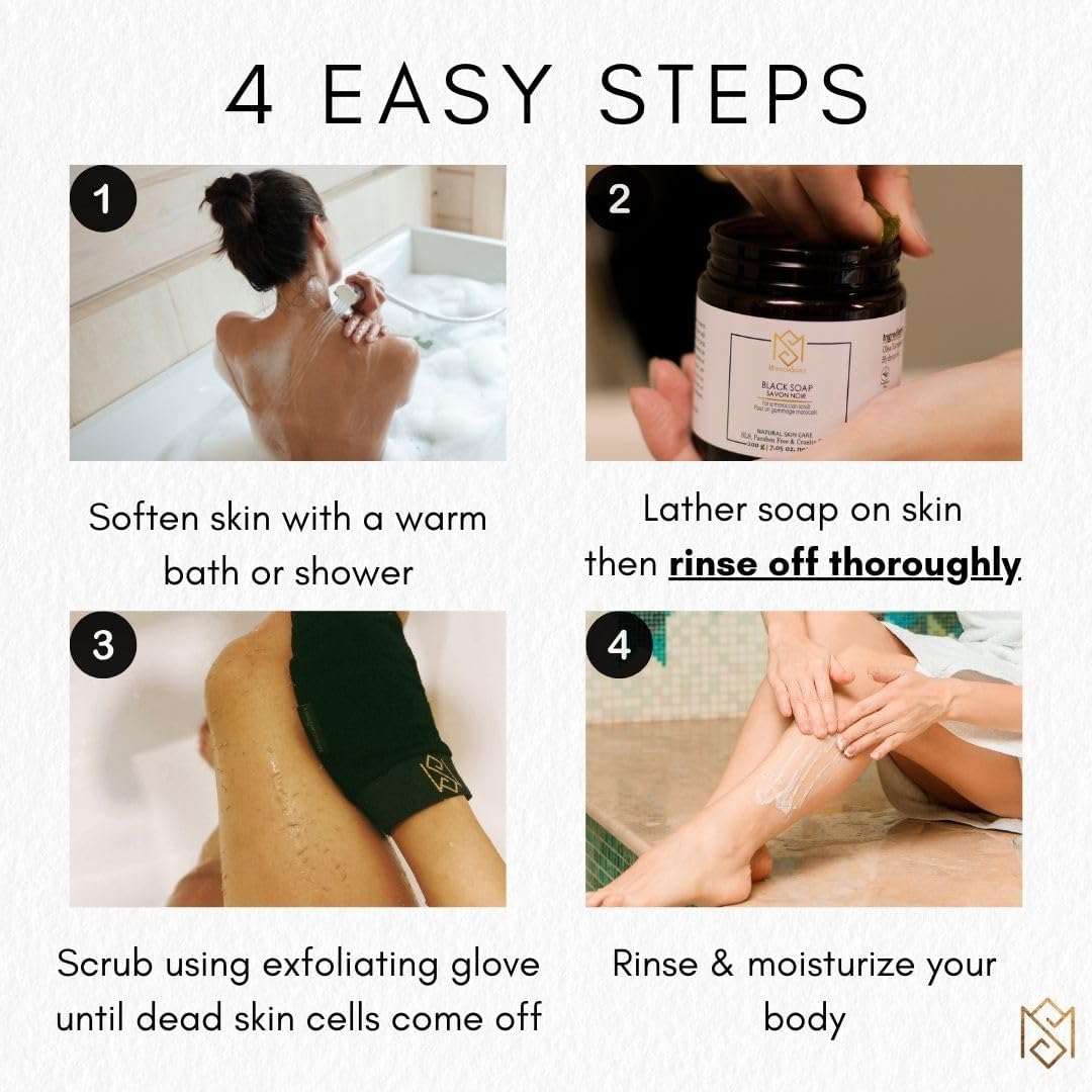 Exfoliating Glove Kessa Mitt Body Scrubber - Dead Skin Remover Shower Glove for Dead Skin Scrubbing and Deep Pore Cleansing - by MoroccanSource (1 Pack Black with soap Sample)